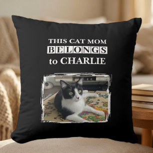 This cat mum belongs to name photo black white cushion
