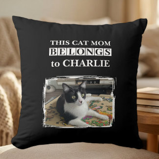 This cat mum belongs to name photo black white cushion