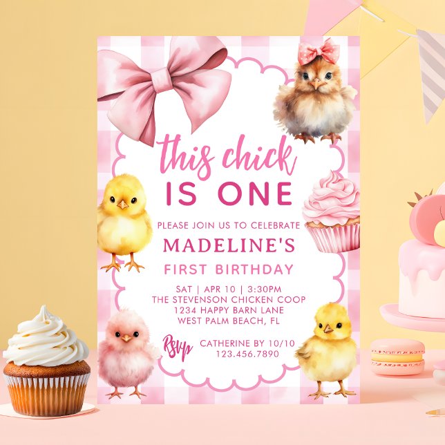 This Chick Is One Pink Chicken 1st Birthday Party Invitation (Creator Uploaded)