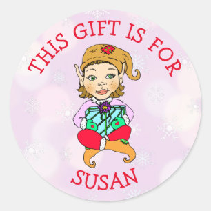 This Gift is For, Girl Elf with Gift Purple Classic Round Sticker