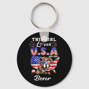 This Girl Loves USA and Dog 4th of July Boxer Dog Key Ring