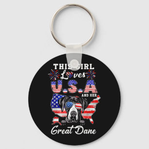 This Girl Loves USA and Dog 4th of July Great Dane Key Ring