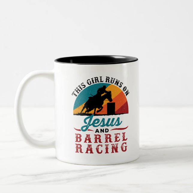 This Girl Runs on Jesus and Barrel Racing Two-Tone Coffee Mug (Left)