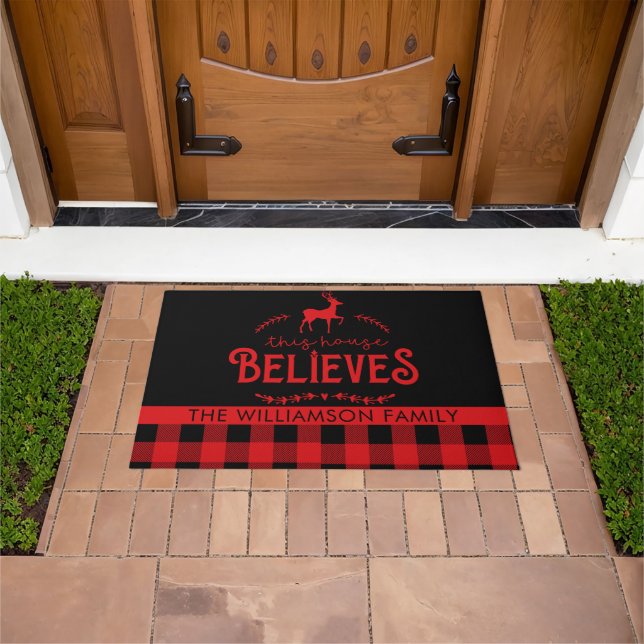 This House Believes Reindeer Plaid Family Name  Doormat (Outdoor)