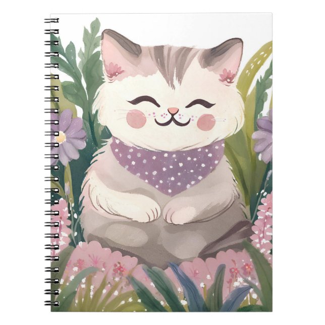 This is an adorable kitten resting on the plants notebook (Front)