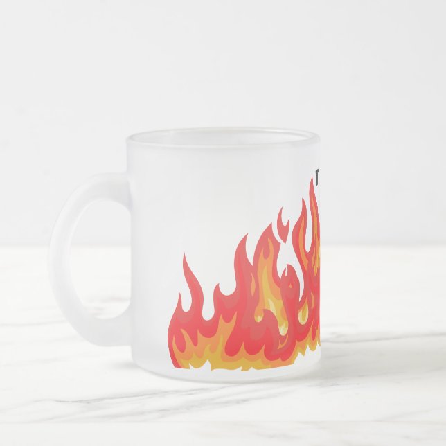 "This is fine" (black + fire and flames) Frosted Glass Coffee Mug (Left)