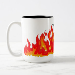 "This is fine" (black + fire and flames) Two-Tone Coffee Mug