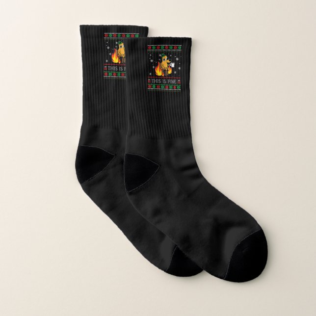 This Is Fine Dog Meme Funny Ugly Christmas Sweater Socks (Pair)