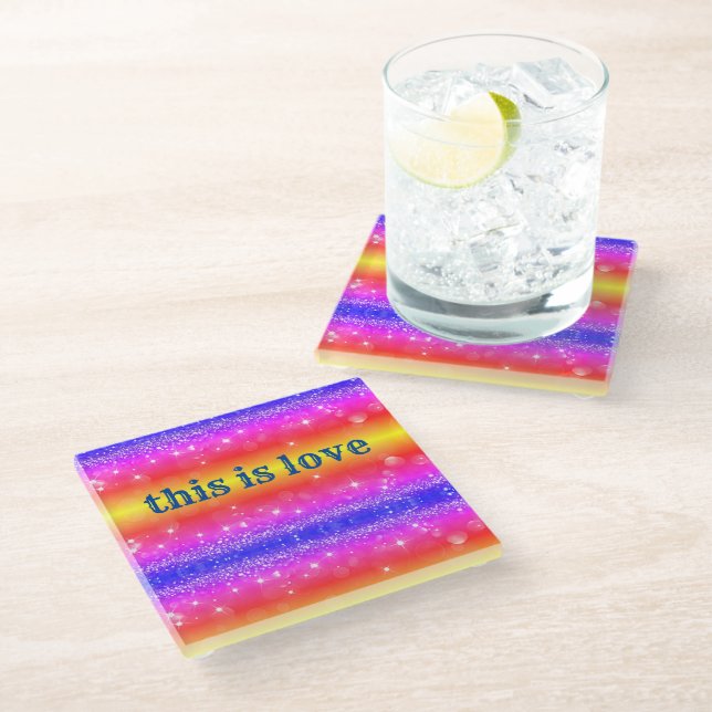 This is Love Rainbow Sparkle Drink Coaster (Angled)
