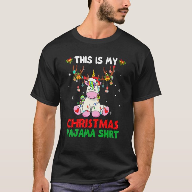 This Is My Christmas Pajama  Unicorn Santa Hat Lig T-Shirt (Front)