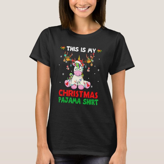 This Is My Christmas Pajama  Unicorn Santa Hat Lig T-Shirt (Front)