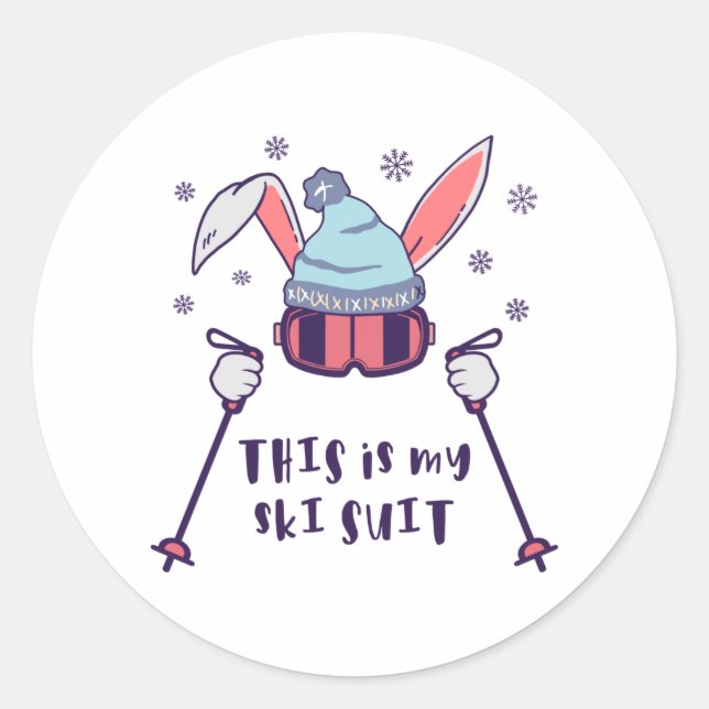 This is my Ski Suit Skiing Rabbit with ski poles Classic Round Sticker (Front)