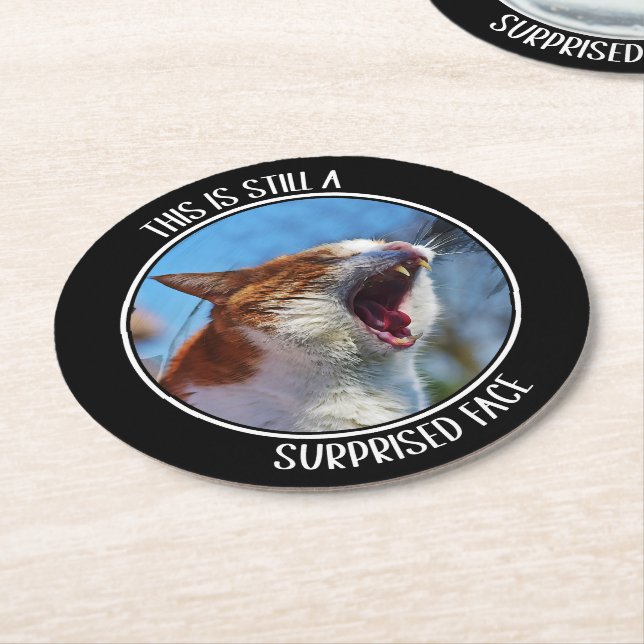 This is Still A Surprised Face Funny Cute Cat Meme Round Paper Coaster (Angled)