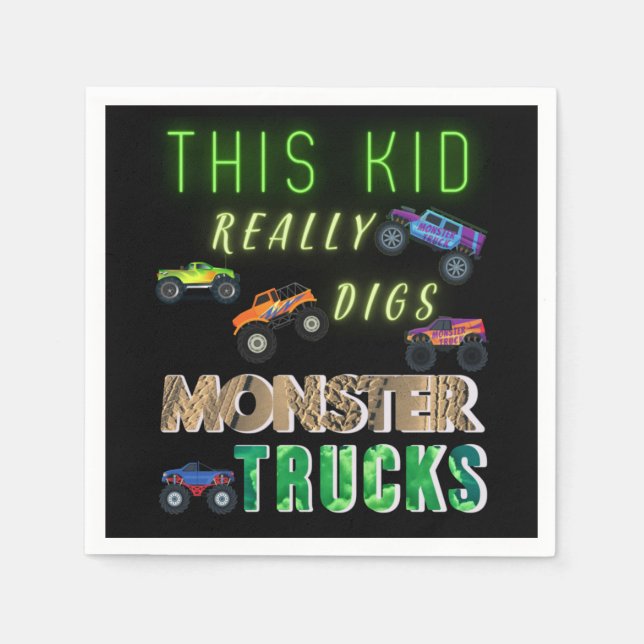 This Kid Really Digs Monster Trucks Napkin (Front)