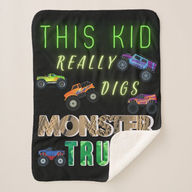 This Kid Really Digs Monster Trucks Sherpa Blanket (Front)