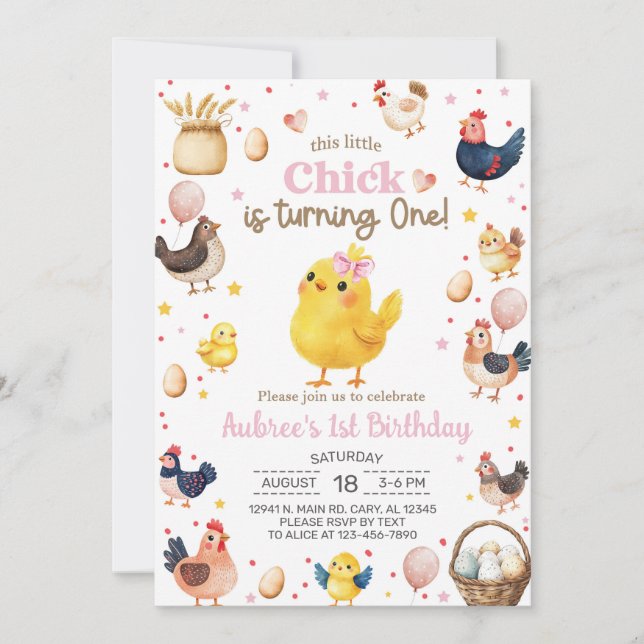 This little chick is turning one girl 1st birthday invitation (Front)