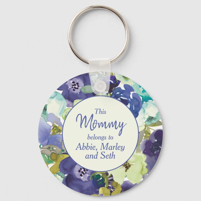 This Mommy Belongs to Navy Blue Yellow Floral Key Ring (Front)