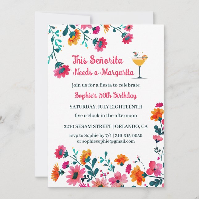 This Señorita Needs a Margarita Birthday Party Invitation (Front)