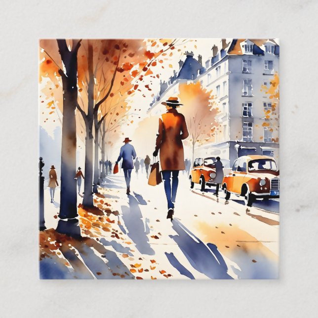This urban art watercolour painting is an autumn s square business card (Front)