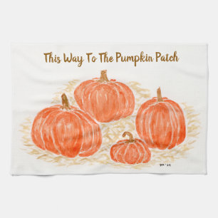 This Way To The Pumpkin Patch Watercolor Pumpkins Tea Towel