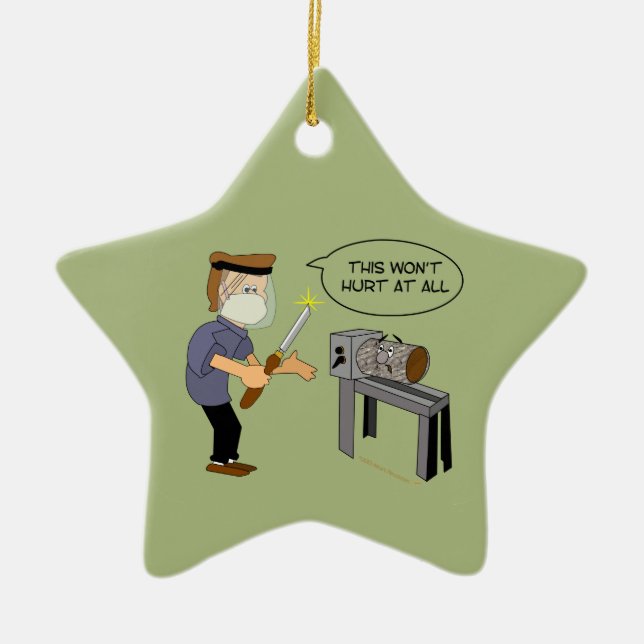 This Won't Hurt Funny Woodturning Cartoon Ceramic Tree Decoration (Front)