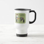 This Won't Hurt Funny Woodturning Cartoon Travel Mug<br><div class="desc">This funny woodturning cartoon has a woodturner wearing a mask and face shield, holding a very sharp skew chisel. He is saying to a scared piece of wood on the lathe, "This won't hurt at all." Makes a funny gift for a wood turner, or just show off your love of...</div>
