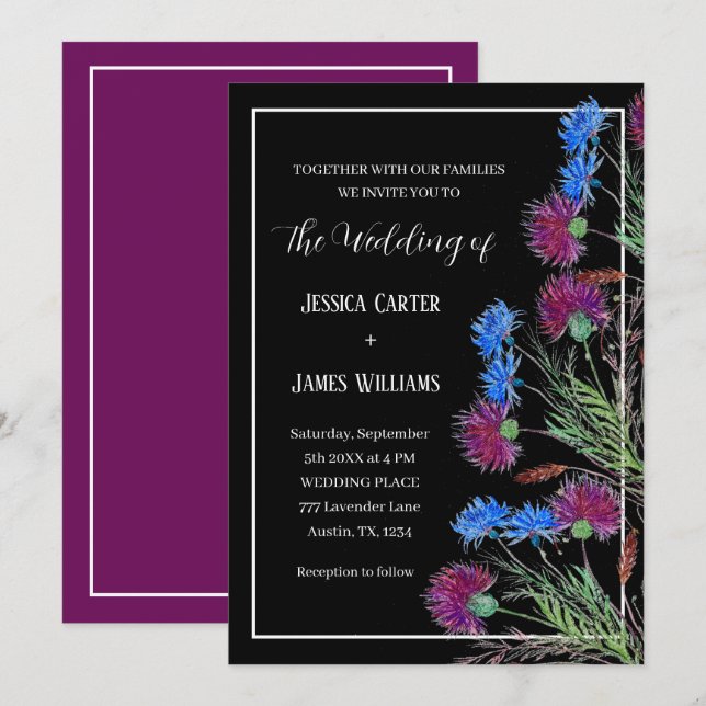 Thistle Cornflowers Watercolor Rustic Wedding Invitation (Front/Back)
