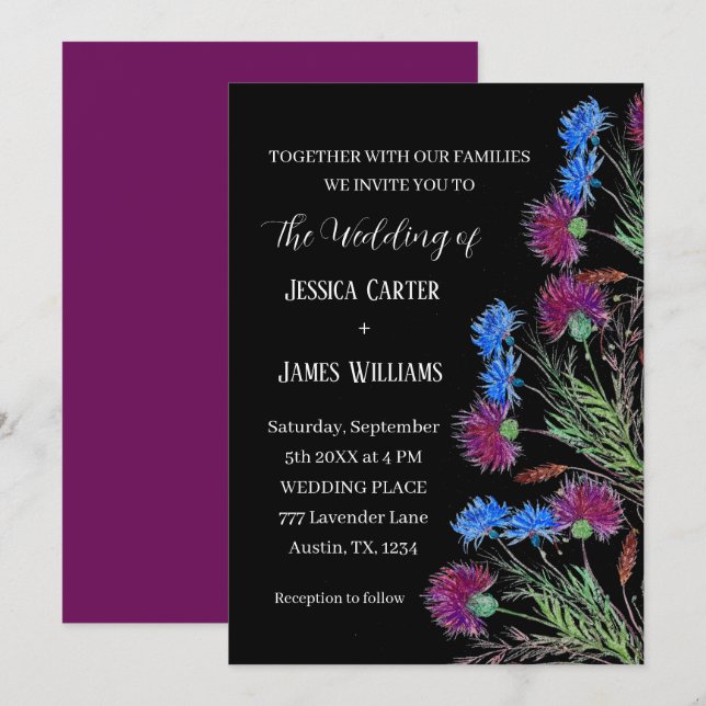 Thistle Cornflowers Watercolor Rustic Wedding Invitation (Front/Back)