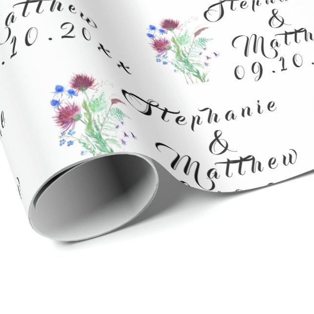 Thistle Floral Bride and Groom Names Wedding Wrapping Paper (Roll Corner)