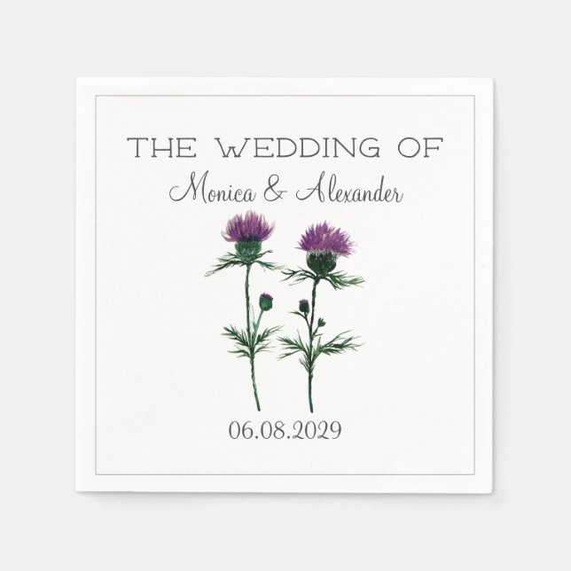 Thistle Floral Scottish Watercolor Wedding Party Napkin (Front)