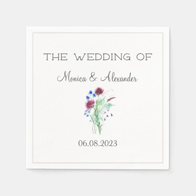 Thistle Floral Scottish Watercolor Wedding Party Napkin (Front)