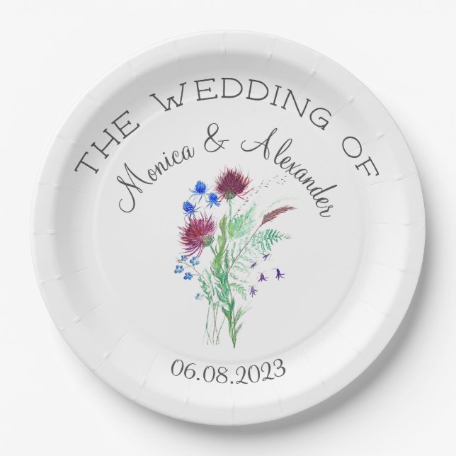 Thistle Floral Scottish Watercolor Wedding Party Paper Plate (Front)
