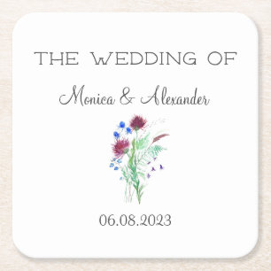 Thistle Floral Scottish Watercolor Wedding Party Square Paper Coaster