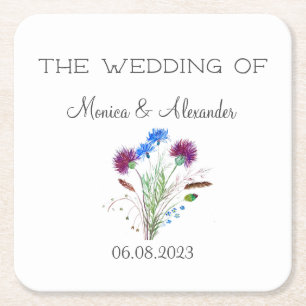 Thistle Floral Scottish Watercolor Wedding Party Square Paper Coaster