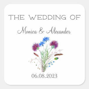 Thistle Floral Scottish Watercolor Wedding Party Square Sticker