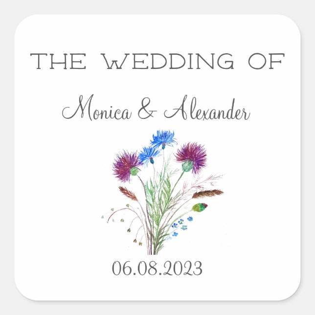 Thistle Floral Scottish Watercolor Wedding Party Square Sticker (Front)
