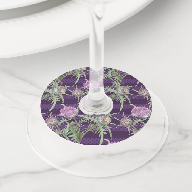 Thistle flowers violet wine glass tag (Close Up)