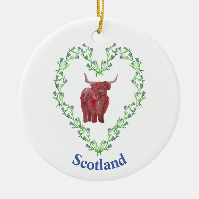 thistle heart highland cow scottish ceramic tree decoration (Front)