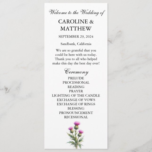 Thistle Purple Floral Elegant Modern Wedding  Programme (Front)