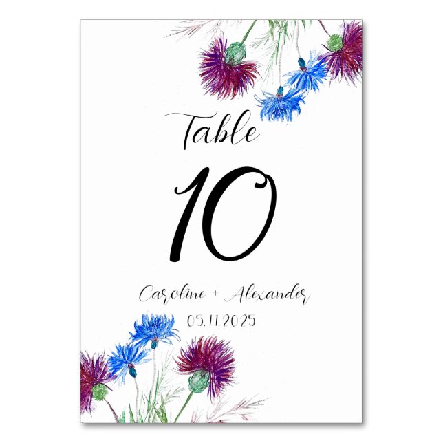 Thistle Purple Floral Scottish Rustic Wedding Table Number (Front)