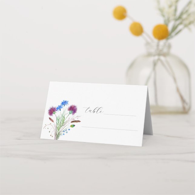 Thistle Purple Watercolor Floral Rustic Wedding Place Card (Front)