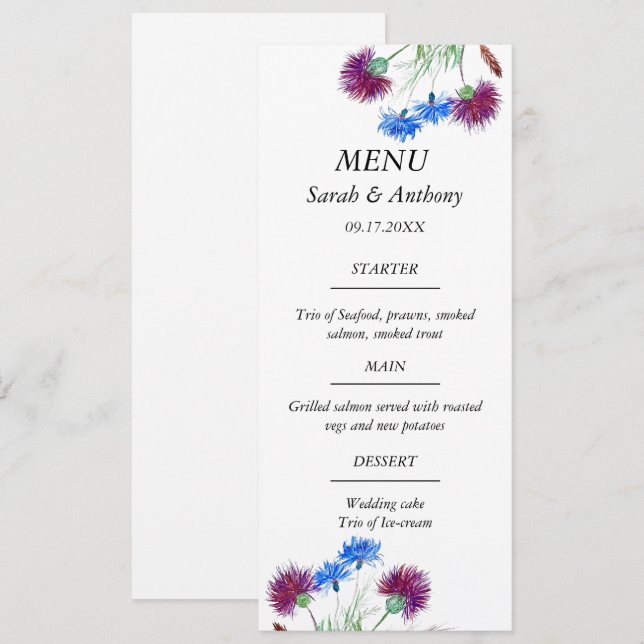 Thistle Scotland Floral Watercolor Wedding Food  Menu (Front/Back)