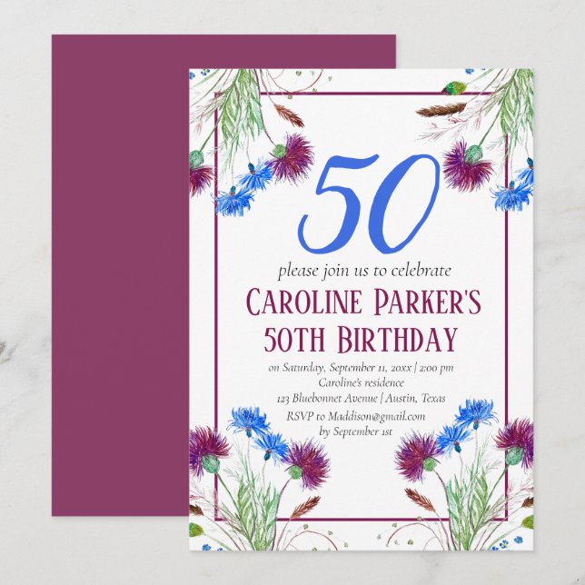 Thistle Scottish 50th Birthday Purple Floral Invitation (Front/Back)