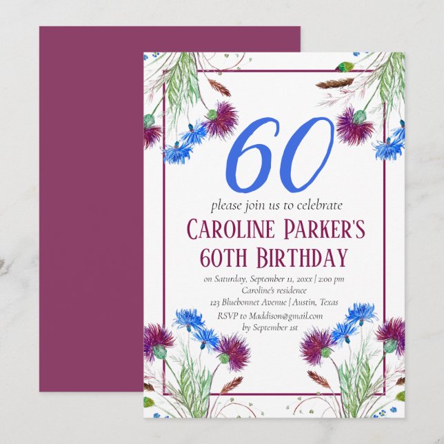Thistle Scottish 60th Birthday Purple Floral Invitation (Front/Back)