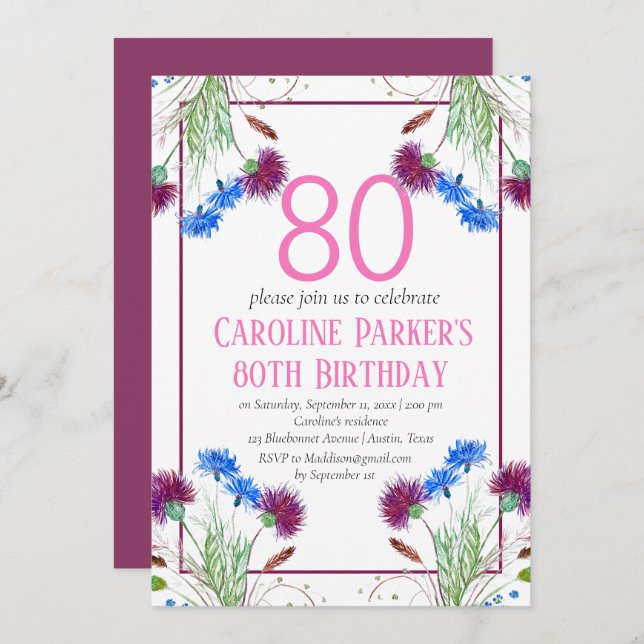 Thistle Scottish 80th Birthday Purple Floral Invitation (Front/Back)
