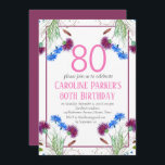 Thistle Scottish 80th Birthday Purple Floral Invitation<br><div class="desc">Thistle elegant,  eighty Scottish,  purple and blue flowers,  rustic,  floral,  adult,  spring,  botanical,  watercolor 80th Birthday party invitations. Hand painted watercolor thistle by myself. Personalise it with your details.</div>