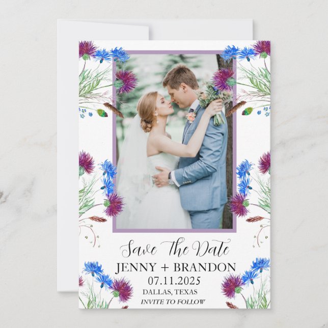 Thistle Scottish Elegant Modern Floral Photo  Save The Date (Front)