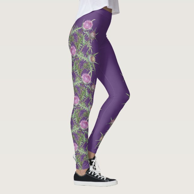 Thistle violet flowers and purple stripes leggings (Right)