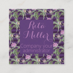 Thistle violet flowers and purple stripes square business card