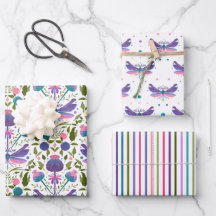 Thistles, Dragonflies and Stripes Gift Wrap